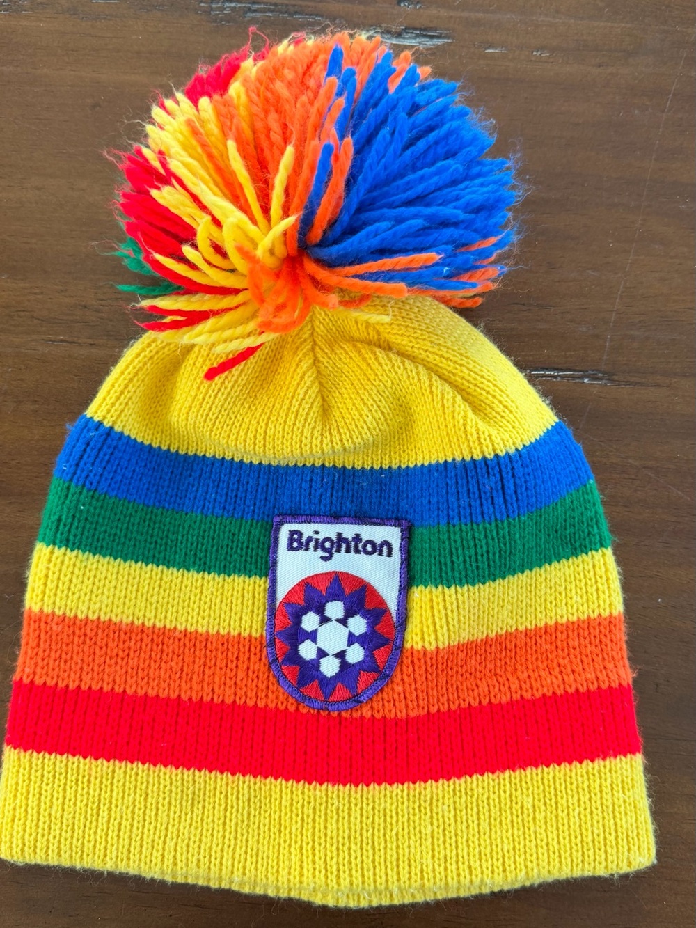 Vintage Brighton Ski Resort Rainbow Pom Beanie - Yellow Multi